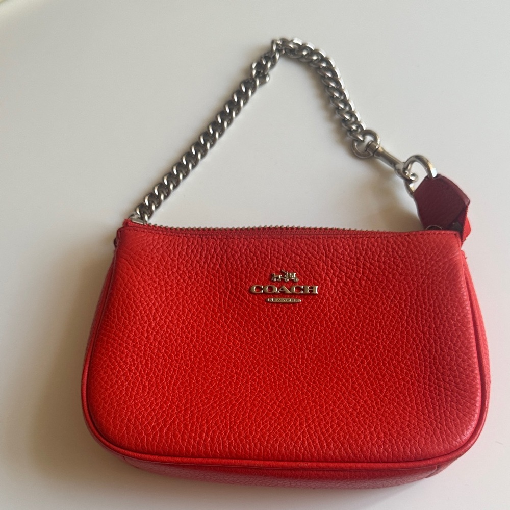 Coach Red Pebbled Leather Mini Wristlet with Silver Chain